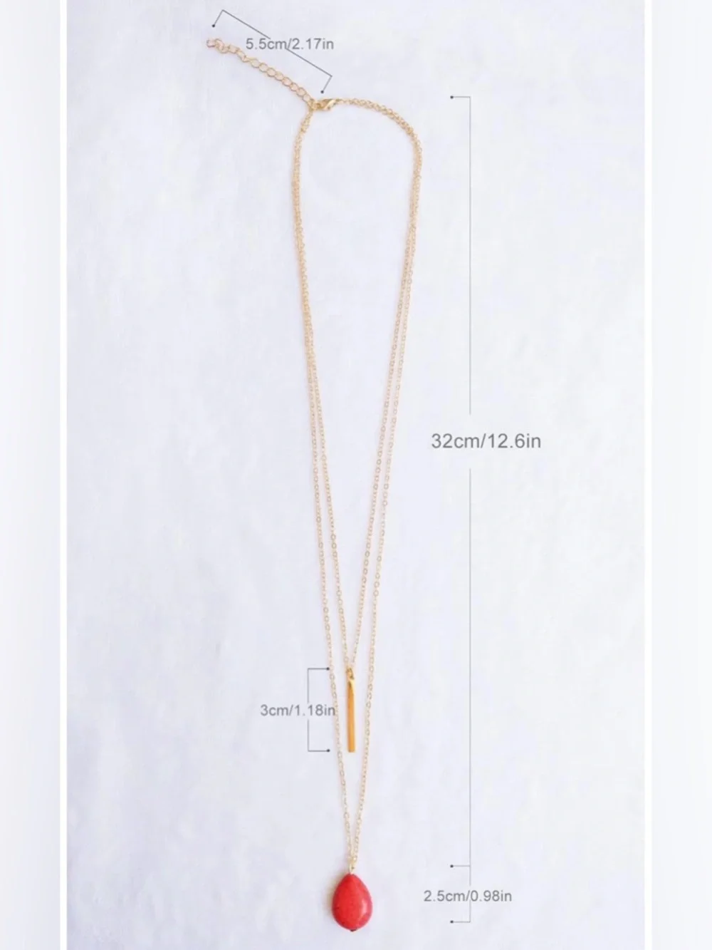 Layered Necklace with Red Teardrop Pendant - Women Jewelry